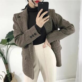 秋冬季新款冬千鸟格西装外套女韩国英伦风加厚格子复古短小个子上