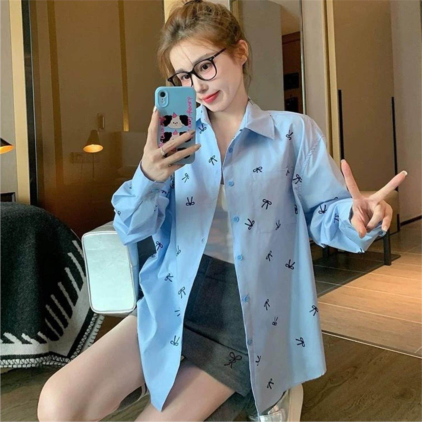 2026春秋新款新韩版竖条纹蓝色蝴蝶结印花宽松长袖小众设计衬衫上,女装/女士精品,衬衫,淘宝优惠券,粉丝福利购,淘宝优惠卷