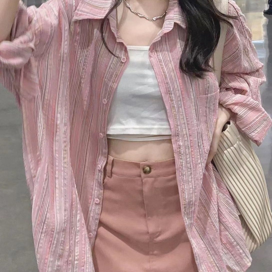 慵懒风长袖衬衫防晒外套女2026春秋新款复古粉色条纹衬衣休闲上衣,女装/女士精品,衬衫,淘宝优惠券,粉丝福利购,淘宝优惠卷