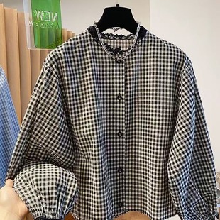 黑白格衬衫女长袖春秋2026新款韩版蕾丝宽松花边拼接短款内搭上衣