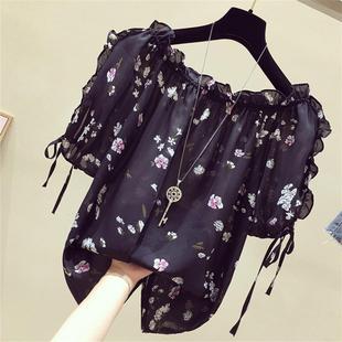 春夏季新款宽松洋气性感短袖新衣女一字2026肩上碎花女雪纺衫时尚