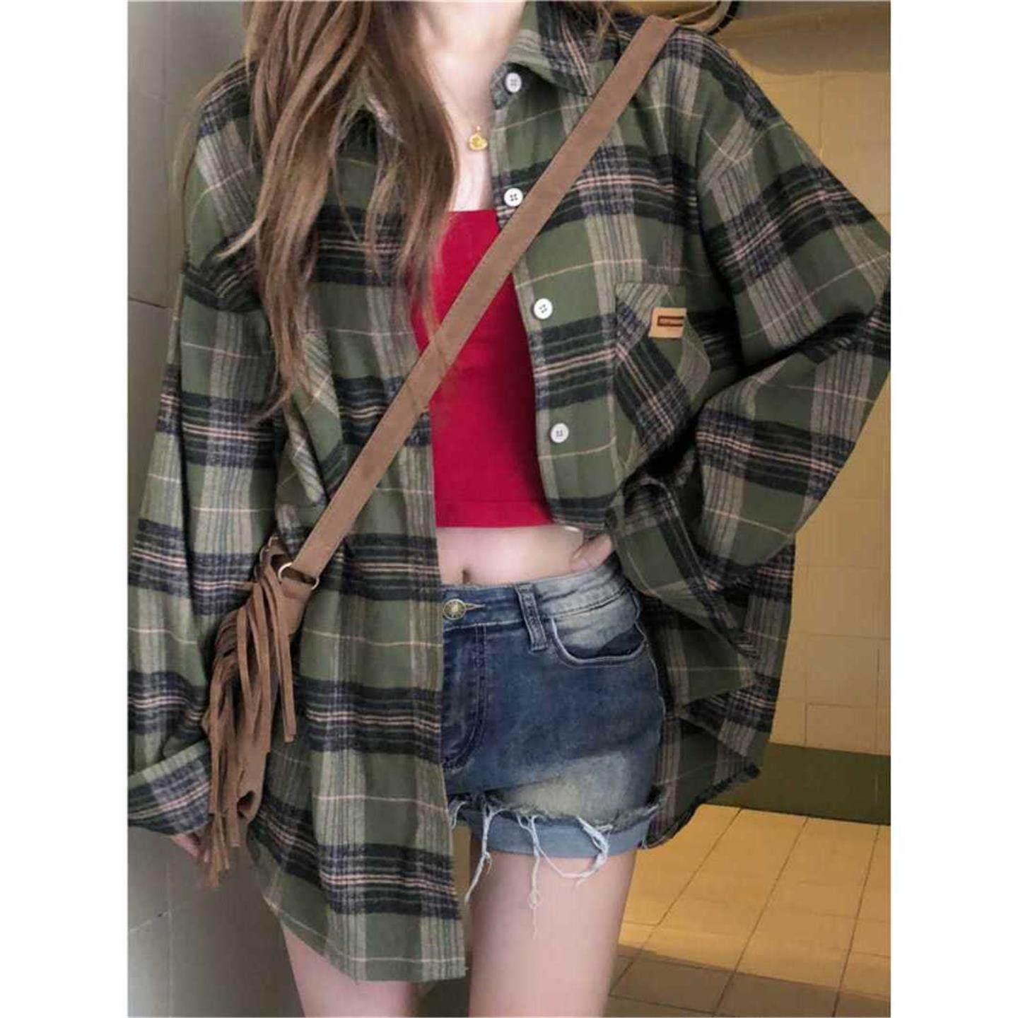 2026春秋新款chic上衣复古叠港风穿外套格子风贴标磨毛衬衫长袖学,女装/女士精品,衬衫,淘宝优惠券,粉丝福利购,淘宝优惠卷