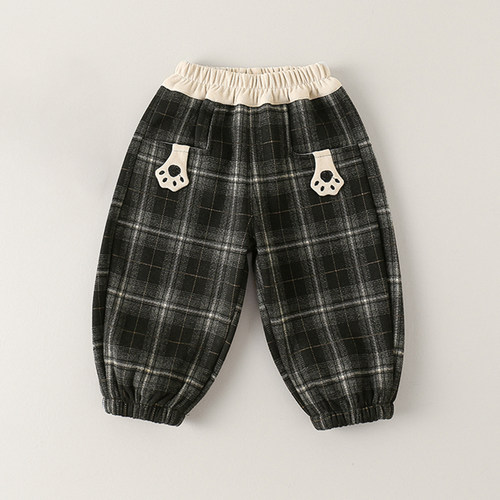 男童加绒裤子秋冬款一体绒格子裤