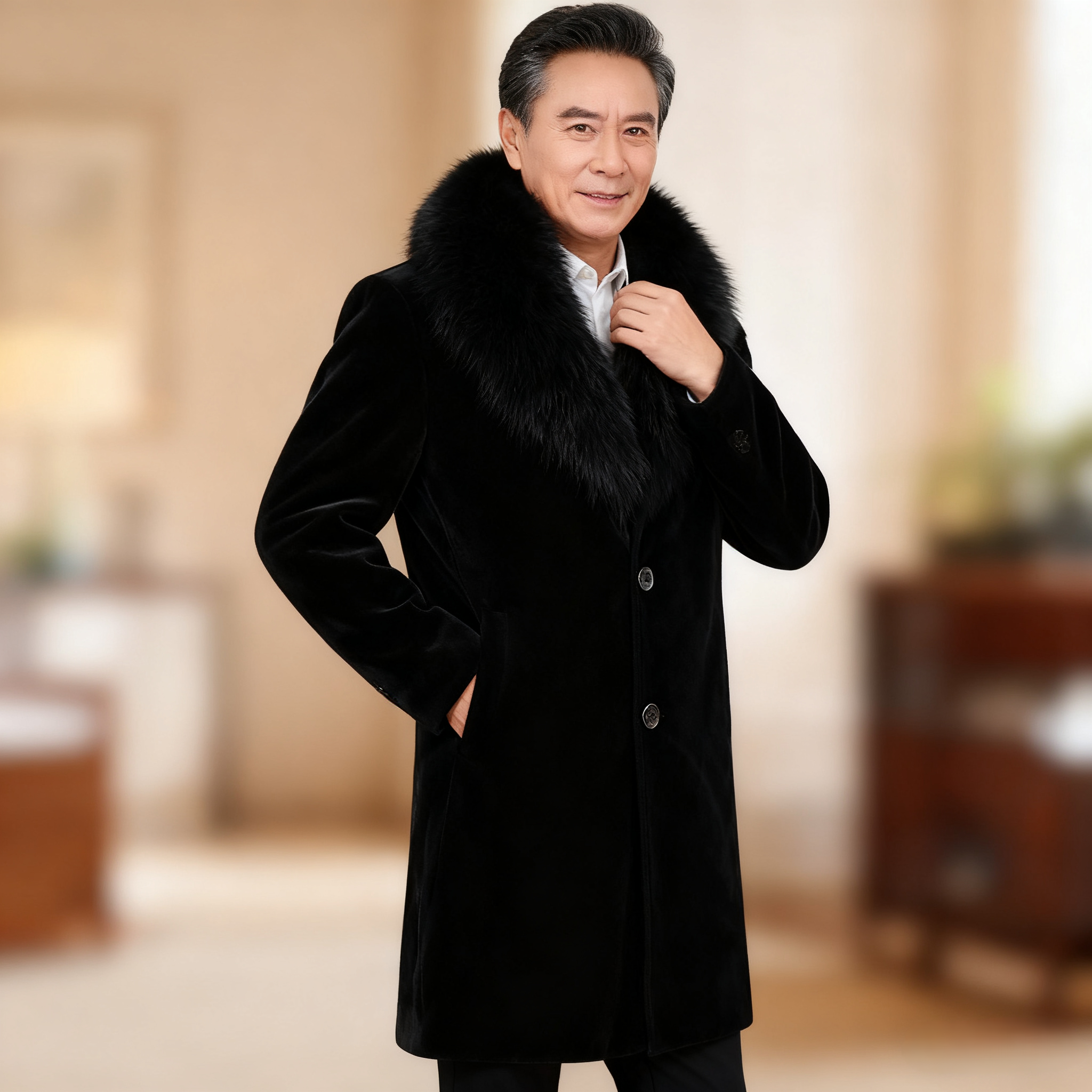 海宁仿貂绒外套男长款加厚仿狐狸毛领中老年大码男装皮草保暖大衣