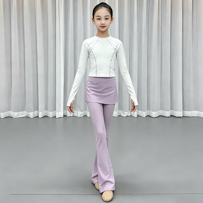 健舞一族女童舞蹈练功服长袖修身微喇裤套装儿童瑜伽运动服夏秋款