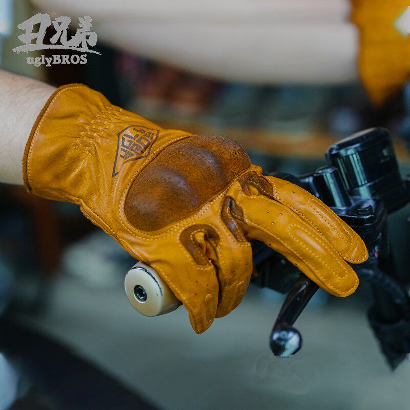 现货uglybros丑兄弟摩托车骑行秋冬复古防摔骑士手套马皮做旧触屏