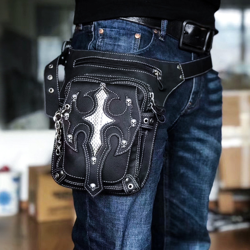 现货牛皮骷髅铆钉哈雷腿包印第安凯旋摩托车机车骑士十字男女腰包