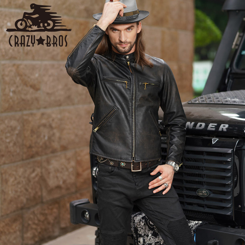 CRAZYBROS适用于哈雷印第安摩托车复古马皮皮衣带护具防摔骑行服