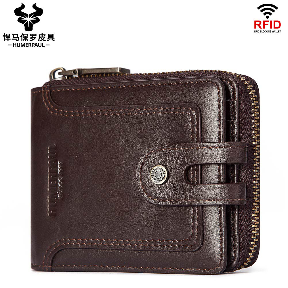 RFID防盗刷男士真皮钱包头层牛皮短款零钱包拉链欧美复古皮具男包