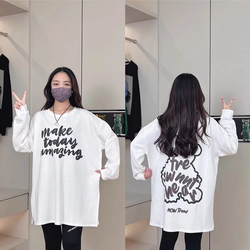 秋季纯棉长袖T恤女创意小熊字母显瘦大码宽松百搭休闲圆领上衣服