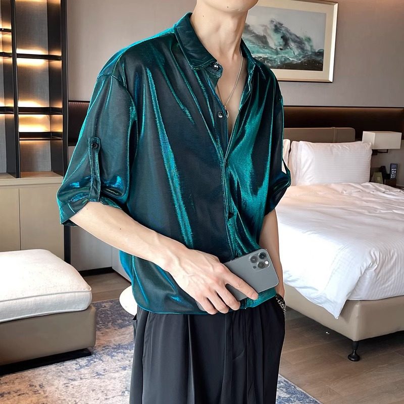 夏季高级液态金属感反光亮面短袖衬衣男韩版时尚洋气垂感痞帅衬衫