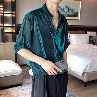 洋气垂感痞帅衬衫 夏季 时尚 高级液态金属感反光亮面短袖 衬衣男韩版
