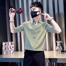 痞帅五分袖衬衫男款潮流条纹中袖2025新款爆款夏季高级感半袖上衣