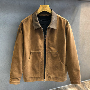 宽松美拉德皮衣夹克男 新款 复古废土风仿麂皮撞色翻领外套男士 秋季