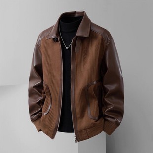 机车夹克 潮流廓形短款 高级感拼接设计翻领皮衣外套男拼接新款 时尚