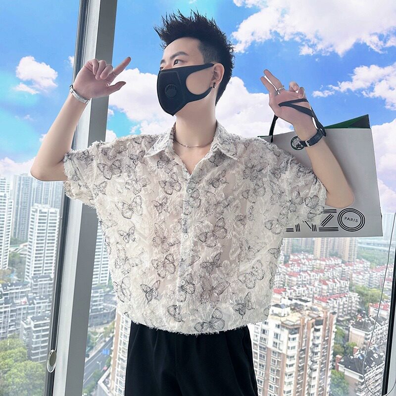蓝色镂空流苏防晒碎花衬衫男夏季薄款潮牌高级感痞帅短袖衬衣外套