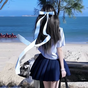 丝带美学~法式奶蓝色大蝴蝶结超长飘带发夹后脑勺顶夹芭蕾风头饰