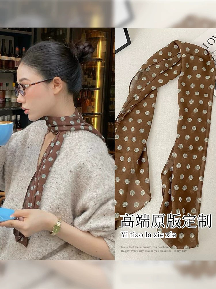 26度晚风棕色波点丝巾印花高级百搭配饰系脖新款发带绑发长条围巾