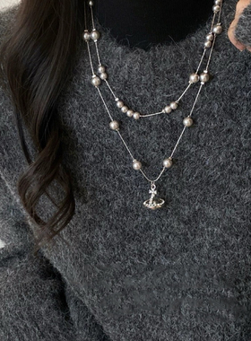 一款两戴~秋冬土星球灰珍珠项链女2025新款高级感叠戴长款配饰