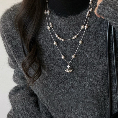 一款两戴~秋冬土星球灰珍珠项链女2025新款高级感叠戴长款配饰
