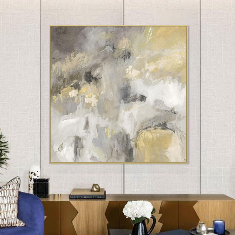 现代轻奢客厅挂画酒店别墅客房金色灰色水墨抽象艺术正方形装饰画图片