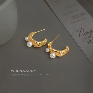 个性 耳饰耳环 感电镀珍珠几何线条半弯新款 明天见ohh原创设计时尚
