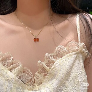 石榴石项链女小众设计S925纯银锁骨小樱桃轻奢颈链 明天见ohh新款
