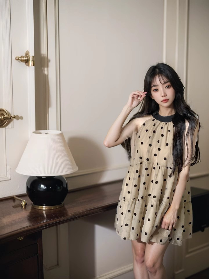 洋气波点撞色蝴蝶结挂脖连衣裙女春季2025新款小个子宽松显瘦短裙