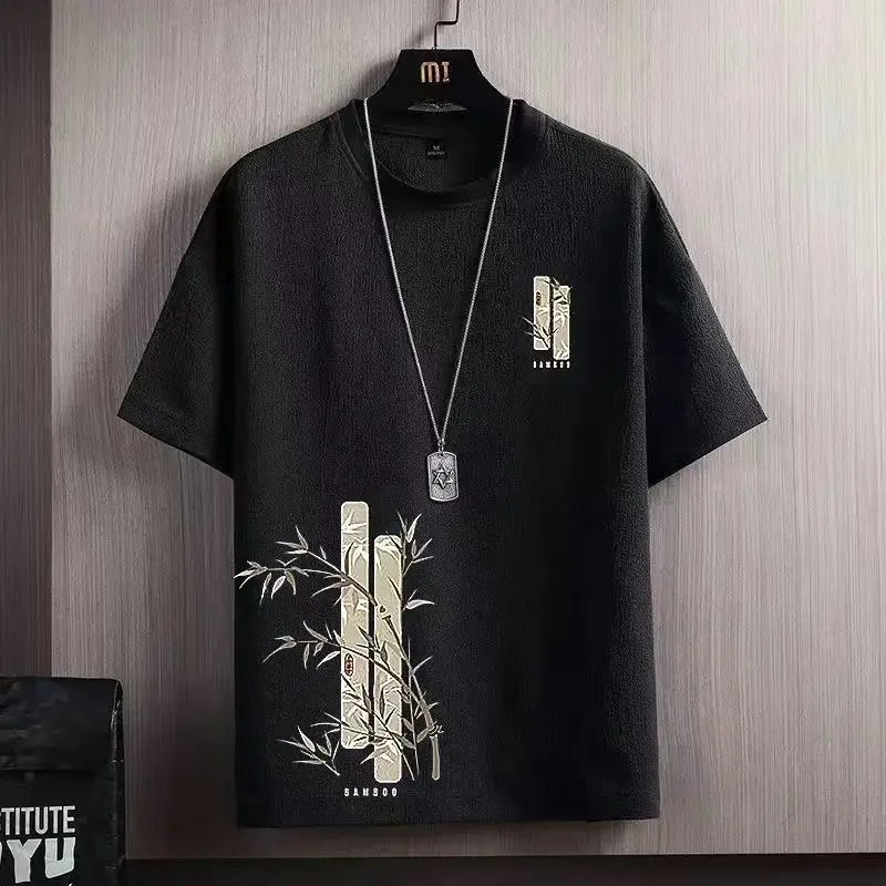 冰丝短袖T恤男款夏季2025新款印花上衣男生宽松休闲半袖薄款体恤