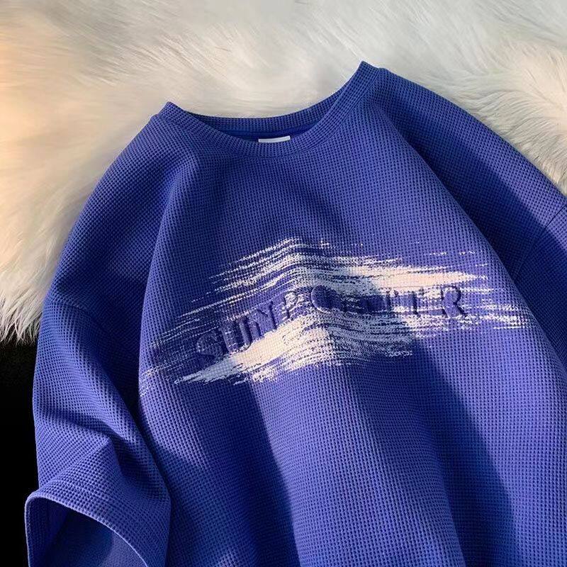 美式高街华夫格重磅T恤男短袖宽松潮牌ins青少年圆领半袖上衣薄款