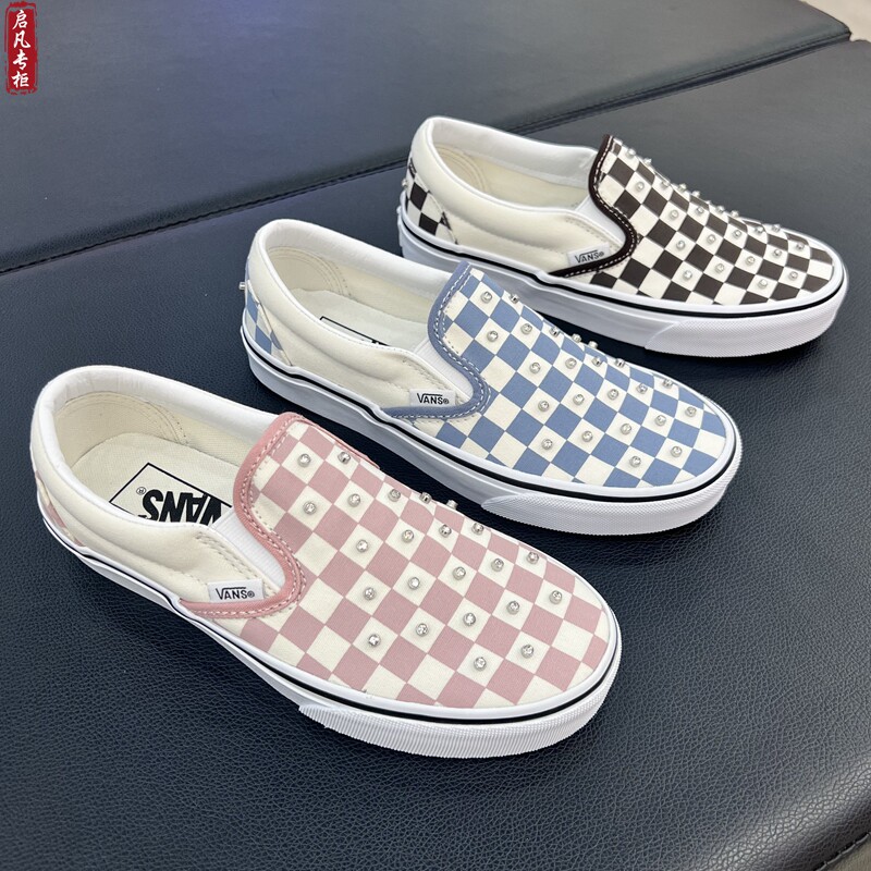 VANS SLIP ON蓝色棋盘格低帮一脚蹬懒人鞋男女帆布鞋VN000D6YFOI