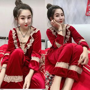 秋冬新款睡衣女金丝绒套装宽松时尚性感拼蕾丝大码韩版网红家居服
