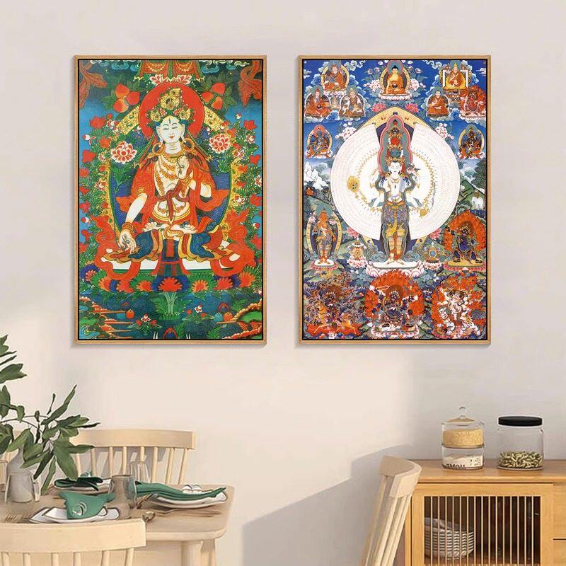 唐卡挂画黑财神白度母文殊菩萨佛像玄关画藏式千手观音佛堂装饰画