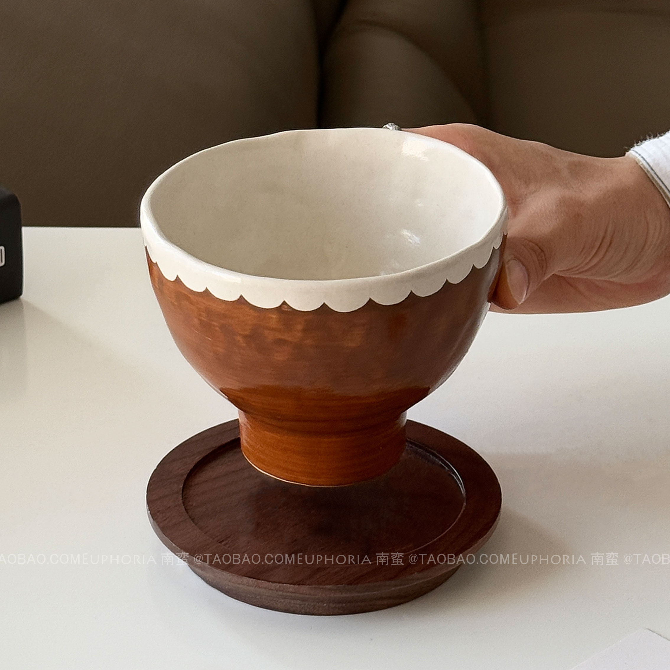 日式复古粗陶手作栗棕花边咖啡杯