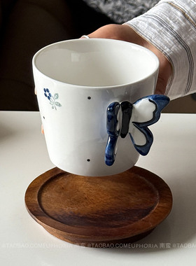 复古手作立体蓝彩蝴蝶手握杯陶瓷杯水杯手冲咖啡杯拉花拿铁杯礼物