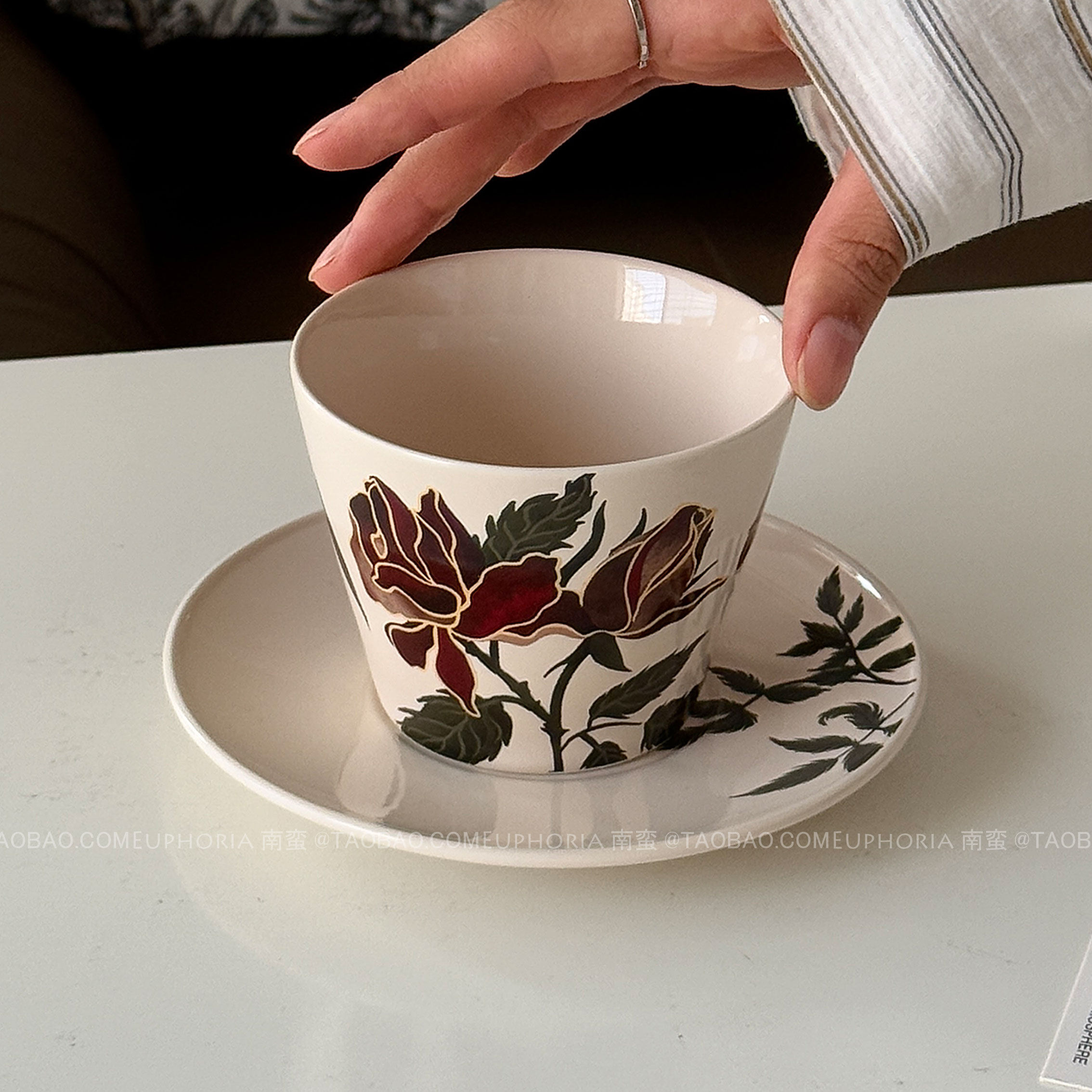 复古美拉德玫瑰咖啡杯碟手握杯