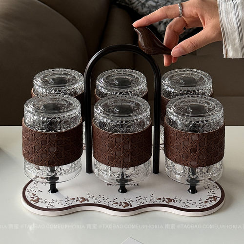 复古美拉德棕飞鸟玻璃水杯套装