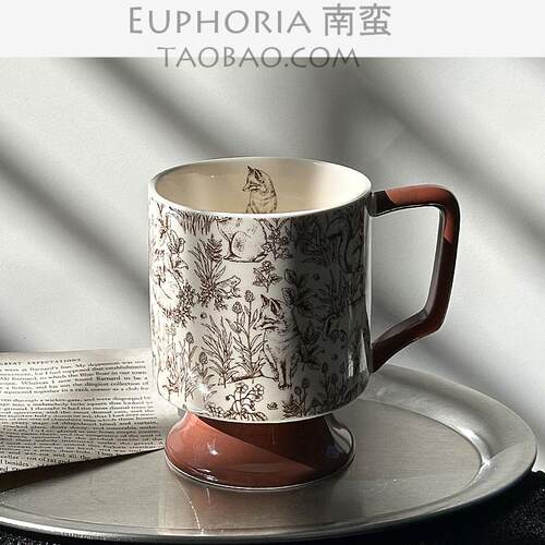 EUPHORIA中古风棕狐狸高脚陶瓷马克杯咖啡杯大容量喝水杯小众礼物