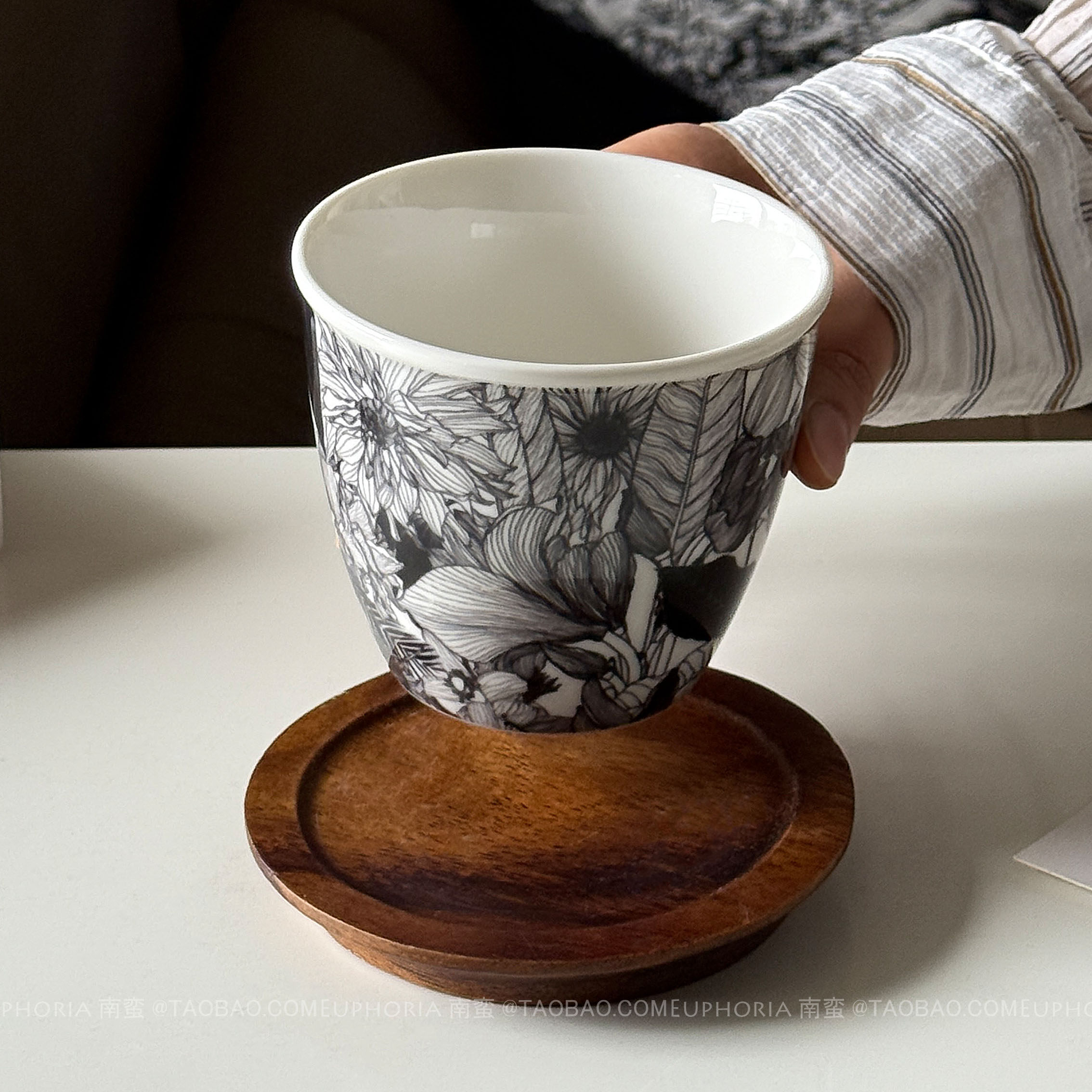 复古水墨黑繁花陶瓷手握杯马克杯水杯咖啡杯日式拉花拿铁杯子礼物