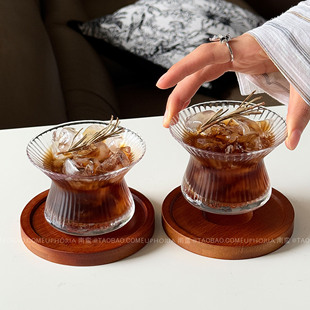 日式咖啡店双腹杯条纹玻璃杯拿铁杯冷萃杯冰美式咖啡鸡尾酒饮品杯