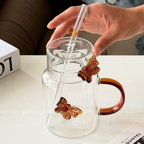 高级感琥珀立体蝴蝶玻璃杯咖啡杯