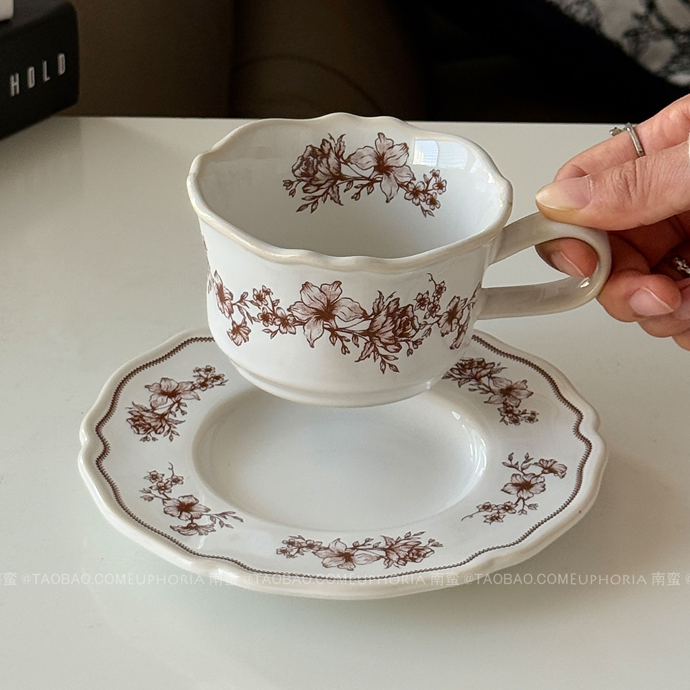 中古风棕木槿花边陶瓷咖啡杯碟复古拉花拿铁杯下午茶水杯小众礼物