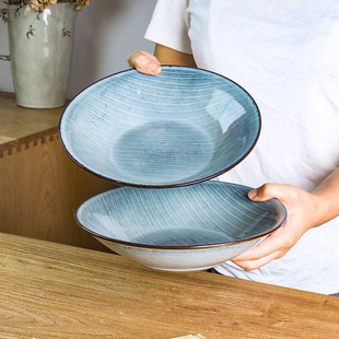 条纹碗家用陶瓷日式高级餐具汤碗沙拉碗拉面碗汤盆餐盘餐厅复古碗