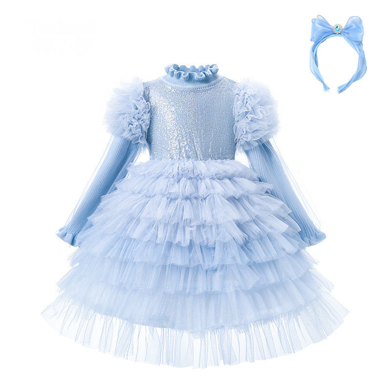 Txxkids特小汐女童秋冬新款蓝色礼服连衣裙女孩艾莎公主裙毛衣裙