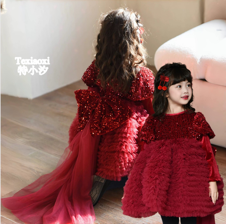 Txxkids特小汐新年圣诞节红色亮片裙高级礼服裙蝴蝶结花童蛋糕裙