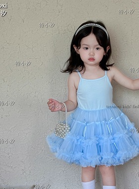 TXXKids特小汐女童夏甜美蝴蝶结tutu裙蓝色吊带宝宝连衣裙公主裙
