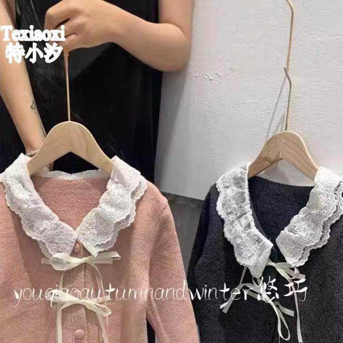 TxxKids特小汐女童韩版毛衣开衫秋冬甜美风儿童蕾丝翻领针织上衣