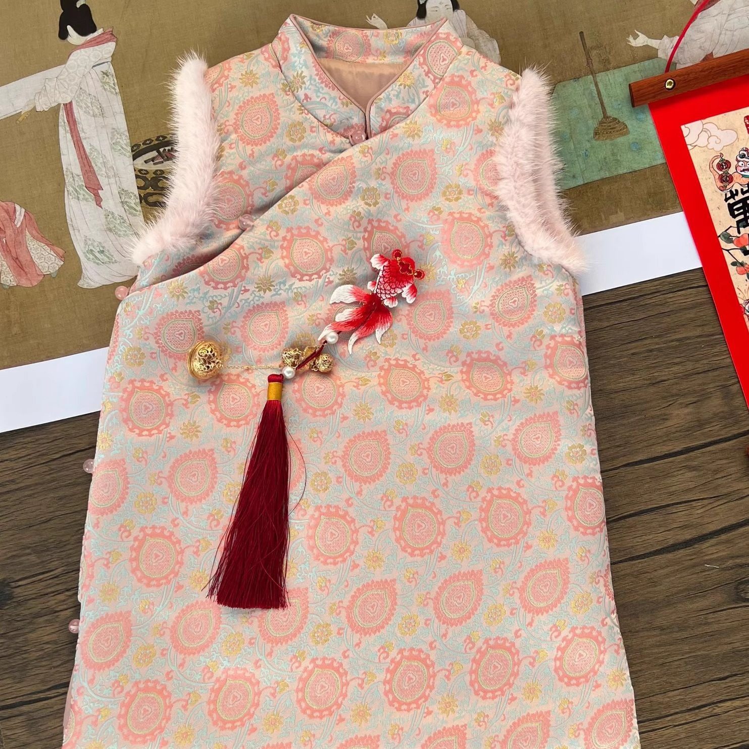 Txxkids特小汐女童新中式旗袍国风背心加棉粉色连衣裙洋气拜年服