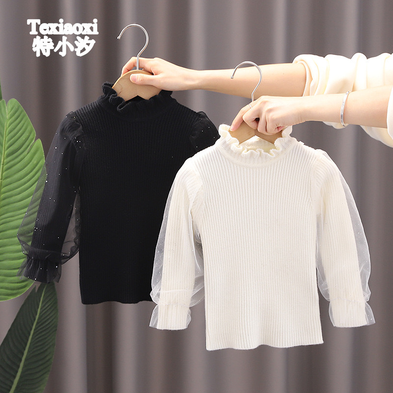 Txxkids特小汐儿童白色打底衫秋冬女童网纱泡泡袖上衣宝洋气毛衣