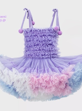 TXXKids特小汐女童tutu裙连体裙紫色彩虹四代球球系带蓬蓬连衣裙